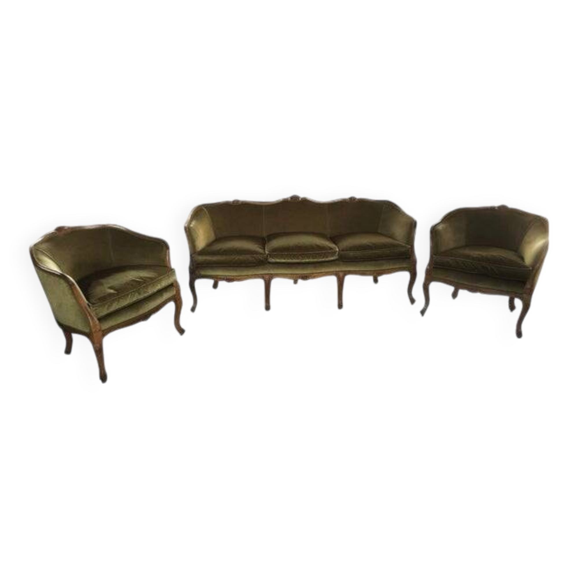 Mid 20th Century Italian Style Armchairs and Sofa in Walnut Wood Carved - 3 Pieces