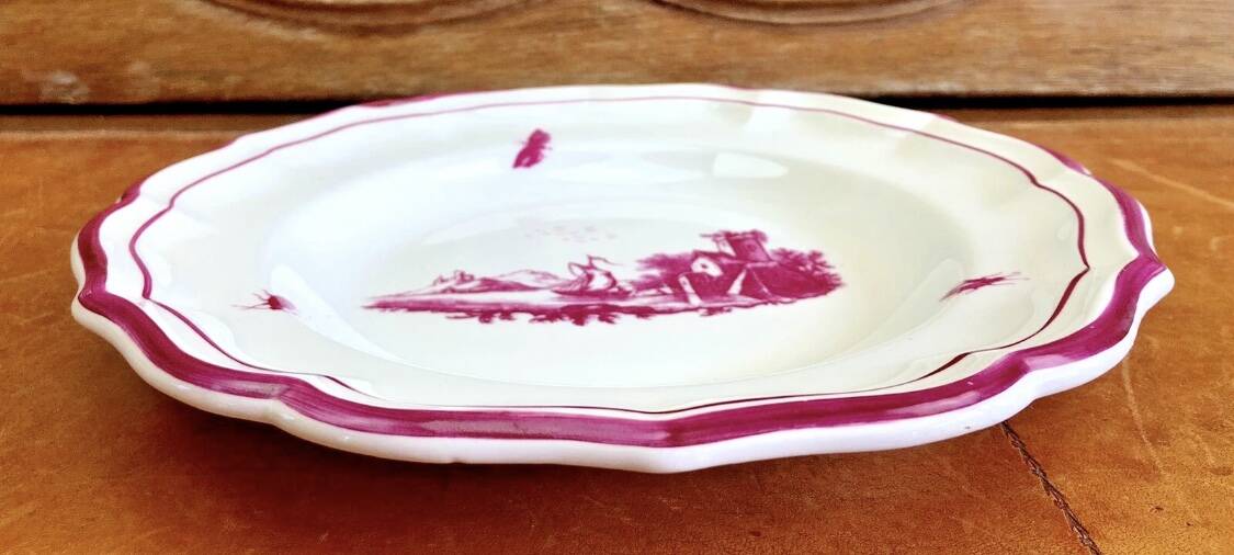 4 old Gien soup plates, pink landscape pattern, 1938/1960
