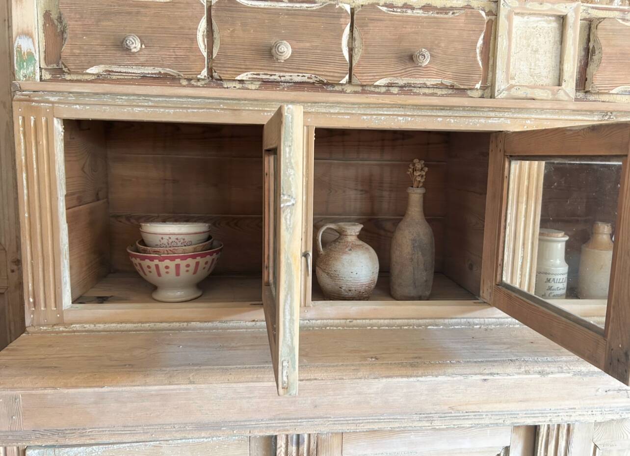 Old wooden grocery store cabinet, display cases and drawers