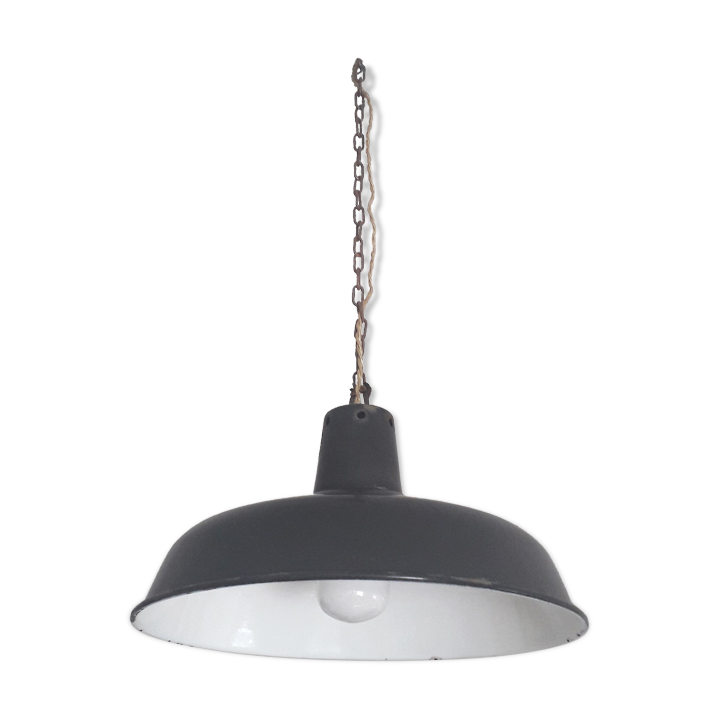 Suspension industrielle en tôle émaillée gris sombre et blanc ø 35 cm -1950