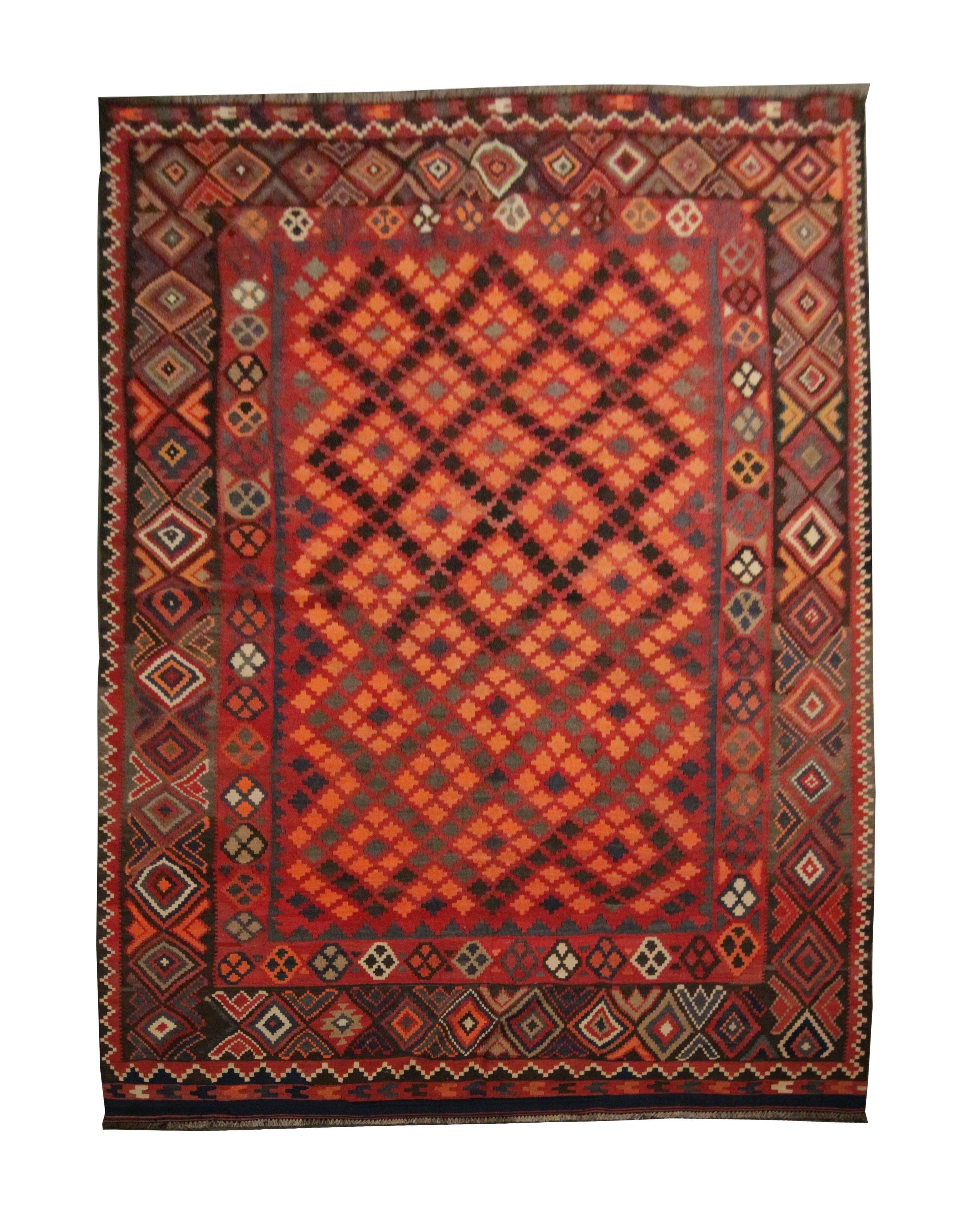 Deep Red Afghan Kilim Rug, Large Geometric Wool Handmade Carpet 200x337 cm