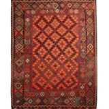 Deep Red Afghan Kilim Rug, Large Geometric Wool Handmade Carpet 200x337 cm