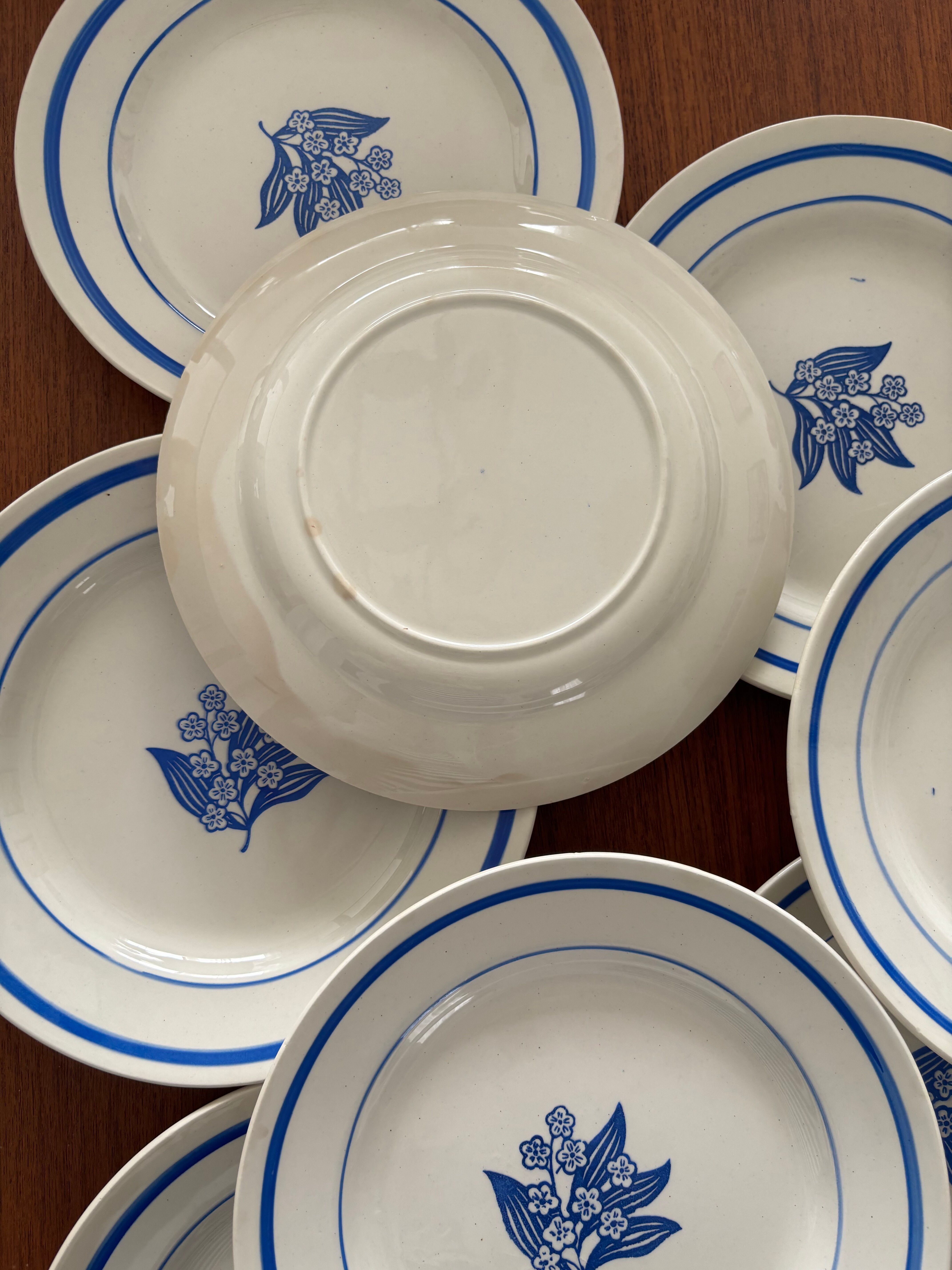 Set of 8 vintage flat plates in earthenware with blue flowers – Tableware
