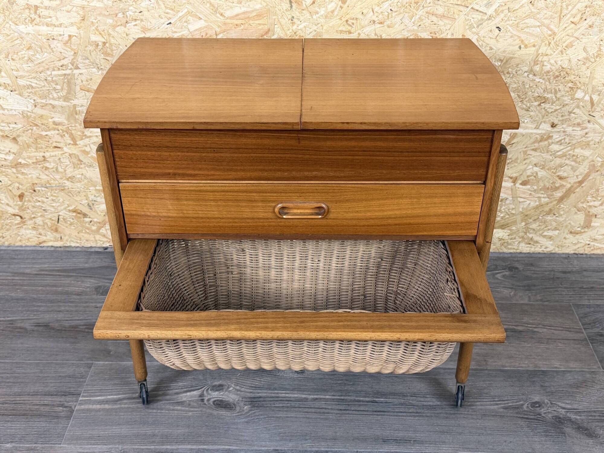 1960s 1970s Teak Sewing Box Sewing Table Utensil Holder with Basket