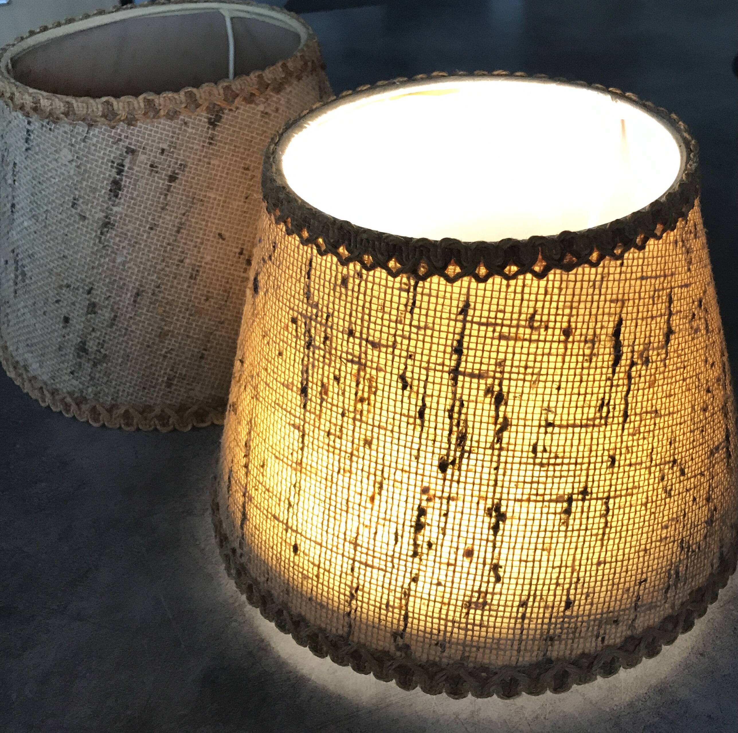 Pair of vintage burlap and braid lampshades