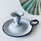 Antique candle holder in white and blue enamelled metal
