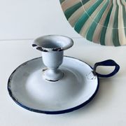 Antique candle holder in white and blue enamelled metal
