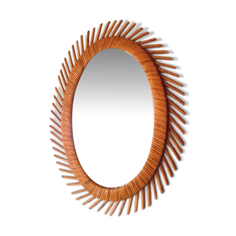 Miroir ovale en rotin et bambous 1960