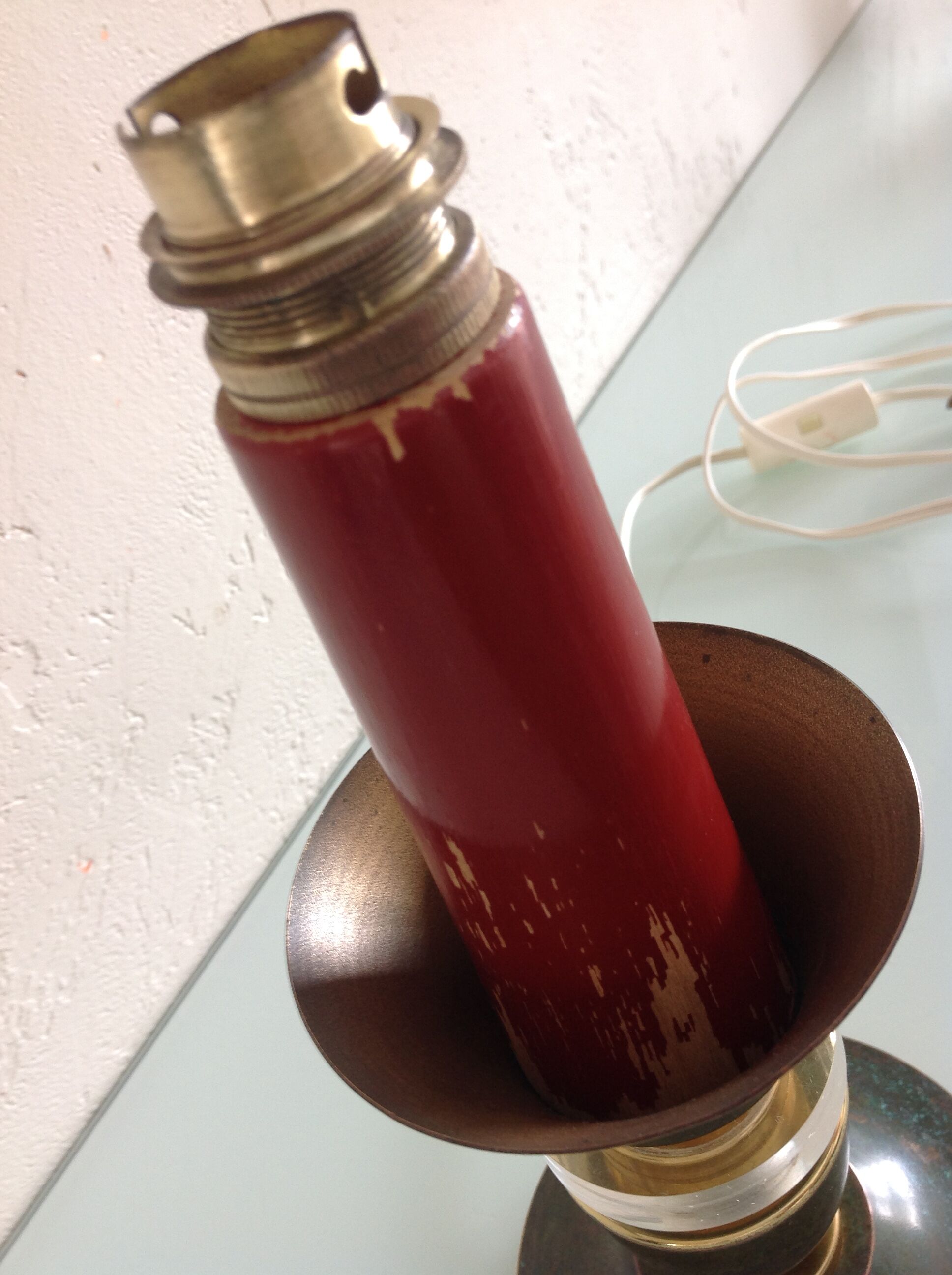 Brass lamp foot and art deco style wood