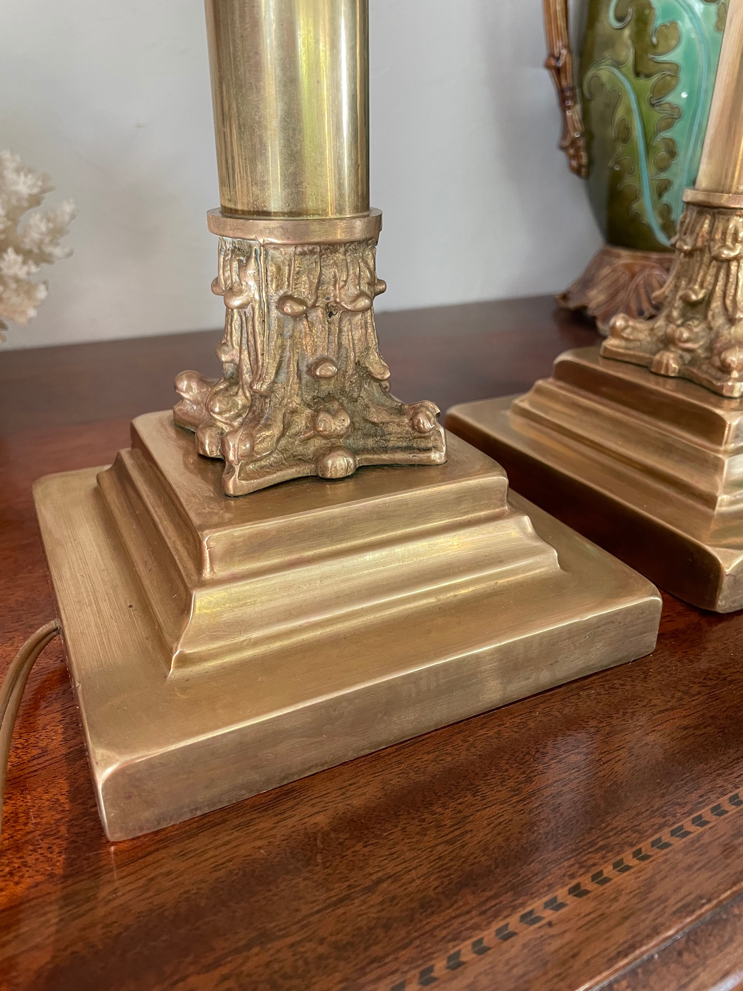 Pair of brass and bronze column lamp 44cm