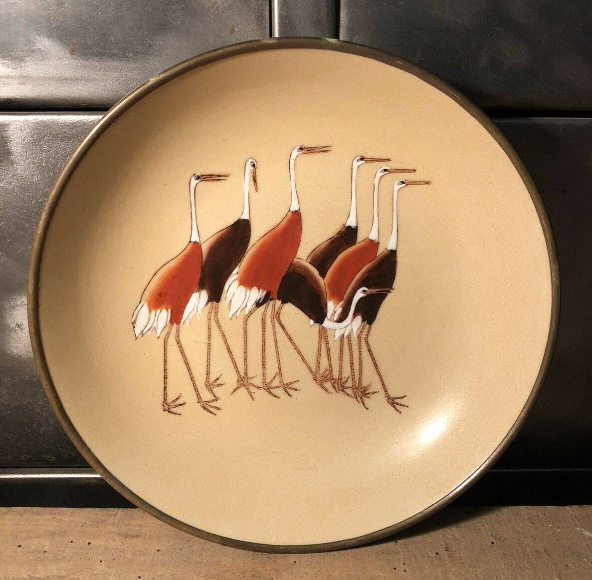 Hollow plate Japan ACF porcelain circled brass decorated with cranes