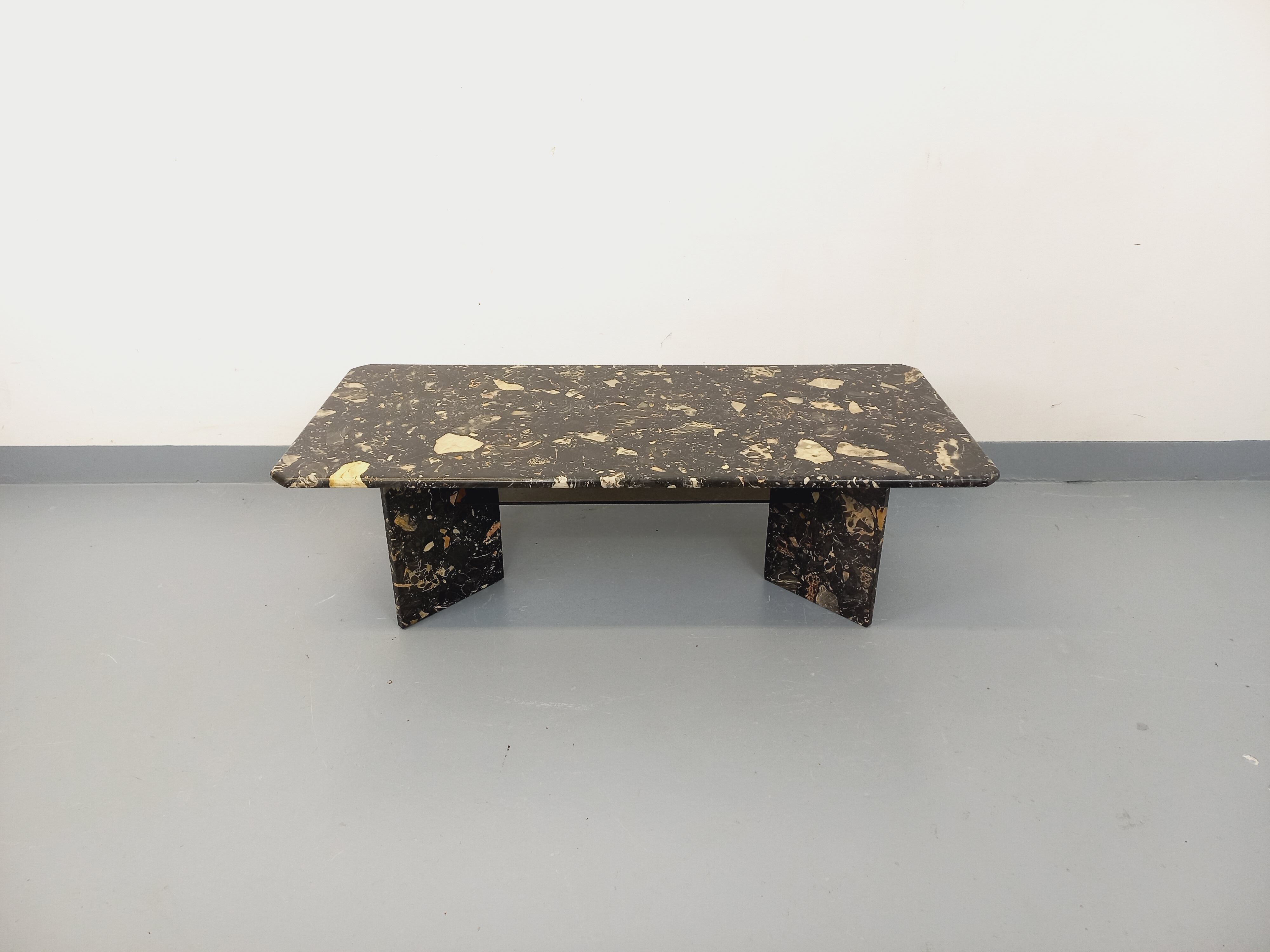 Vintage rectangular coffee table in black marble and smoked glass from the 1970s.