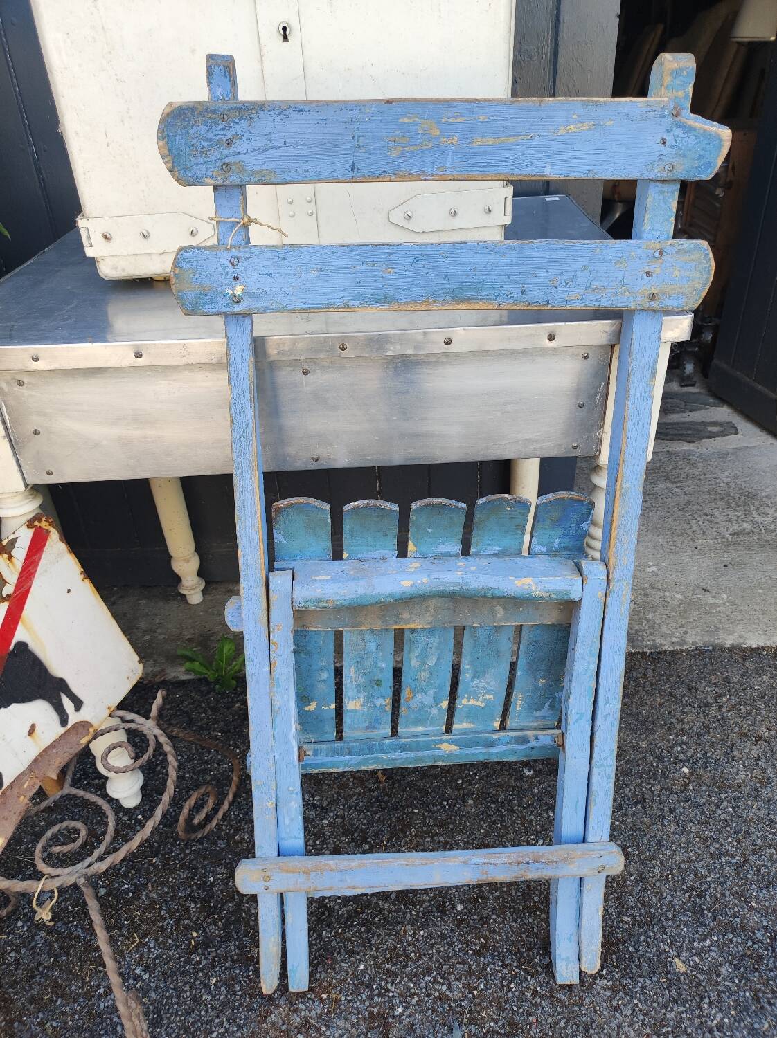 Vintage blue garden chair, wooden and folding