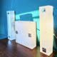 Pair of rectangular wall lights and square low relief glass wall lights. DVE Germany 1970