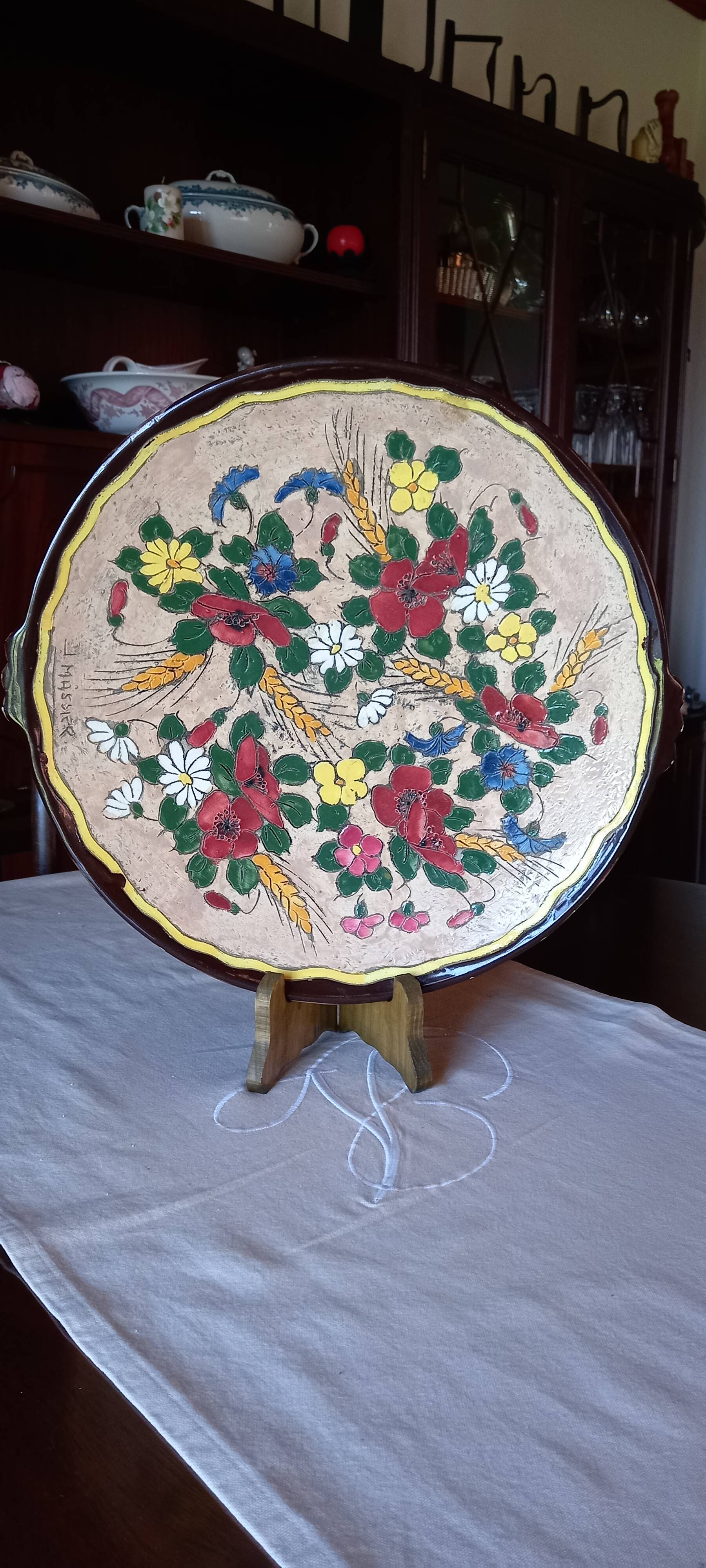 Ceramic plate Jérôme Massier Vallauris 1932-1935 cloisonné flower decoration