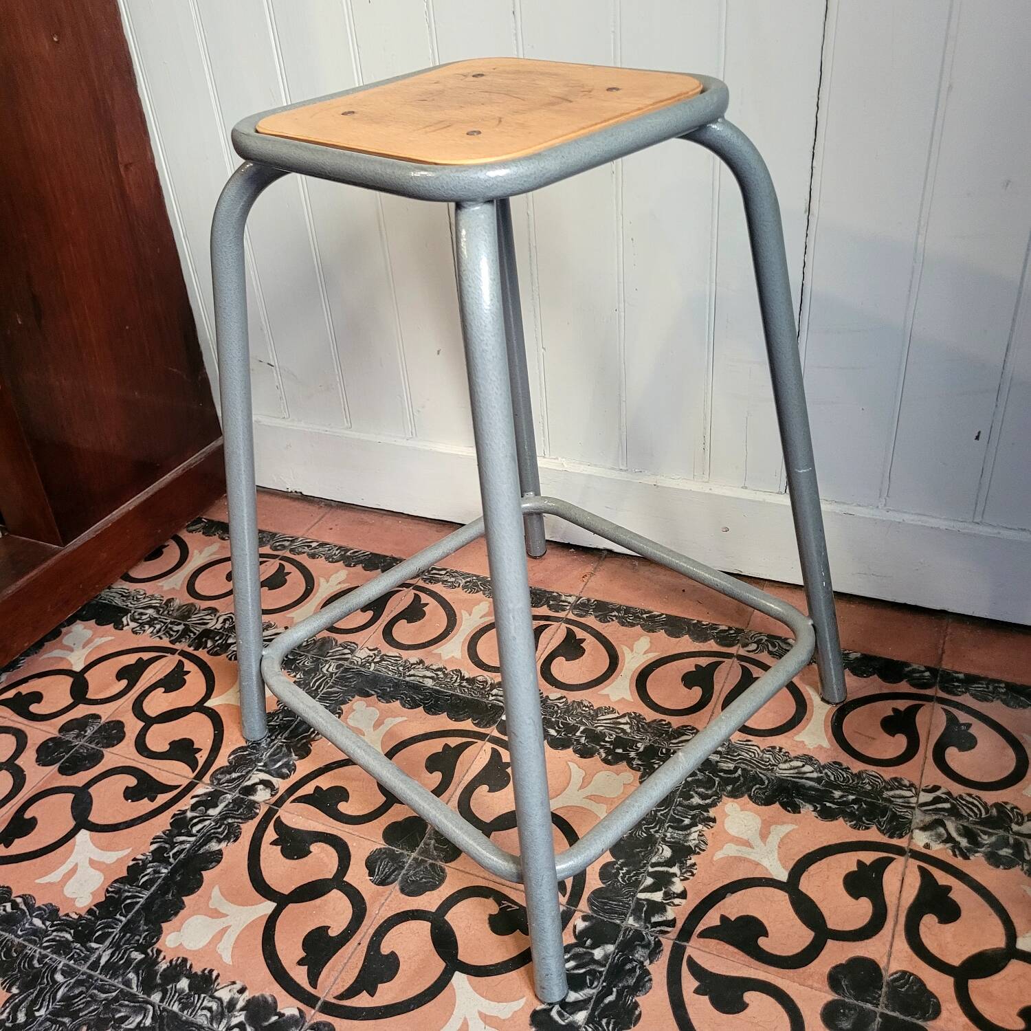 Vintage high stool in wood and metal