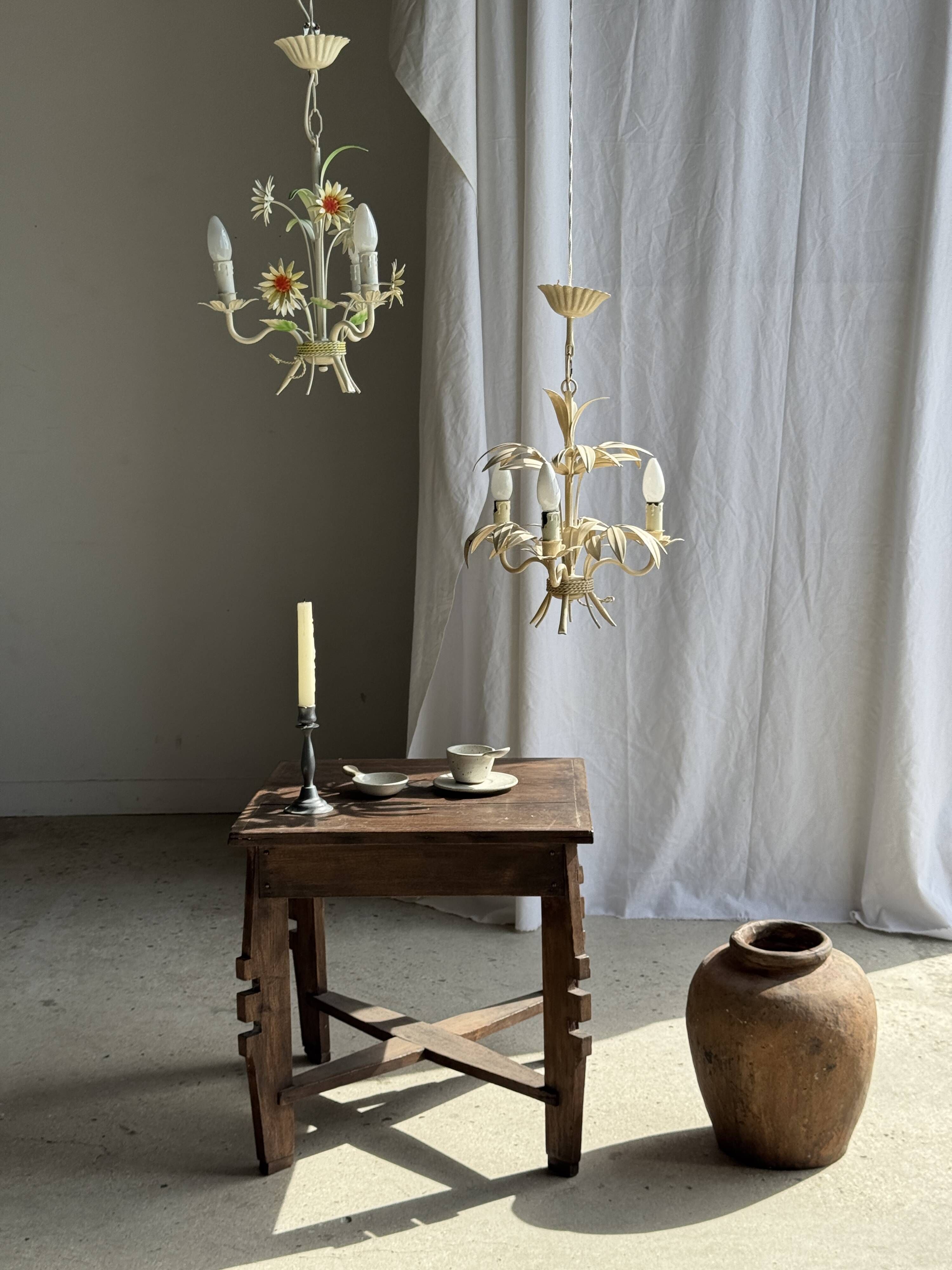 Small vintage cream metal flower chandelier with orange flowers and 3 arms.
