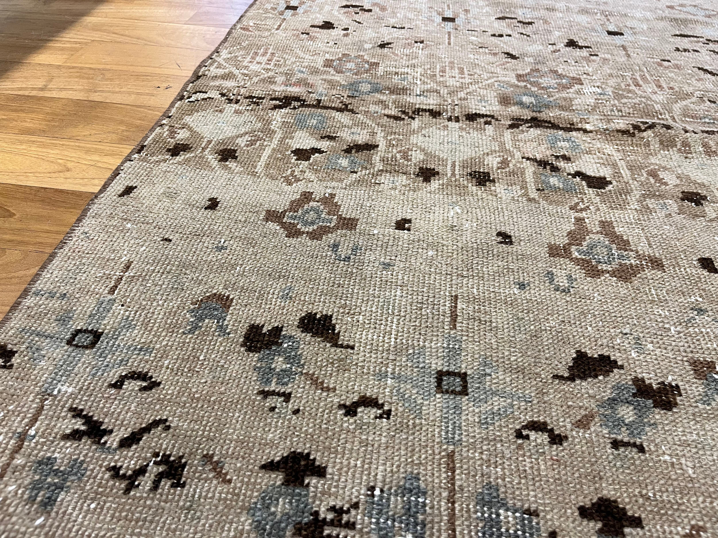 Unique aztec design muted handmade old rug