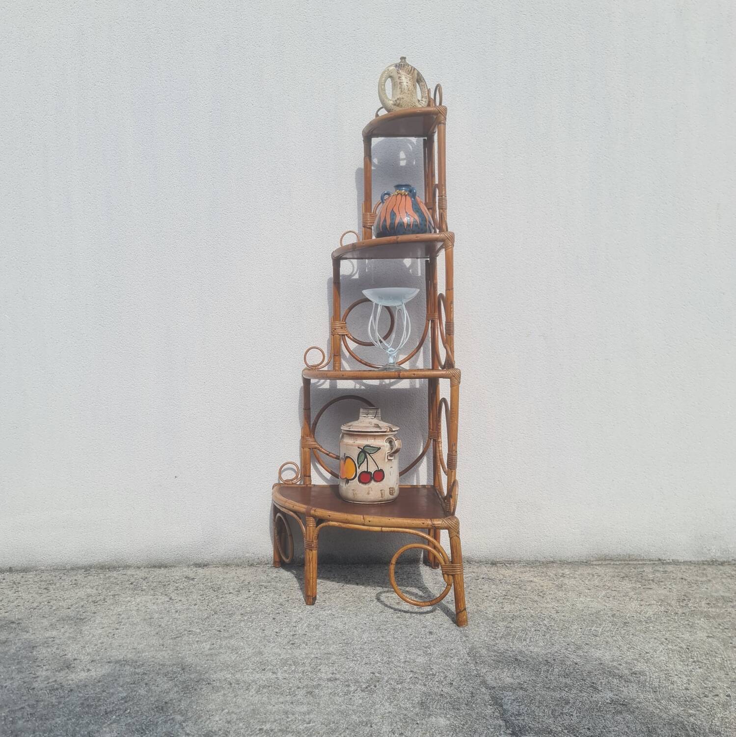 Vintage 1960s bamboo rattan corner shelf bookcase (peacock / Emmanuelle)
