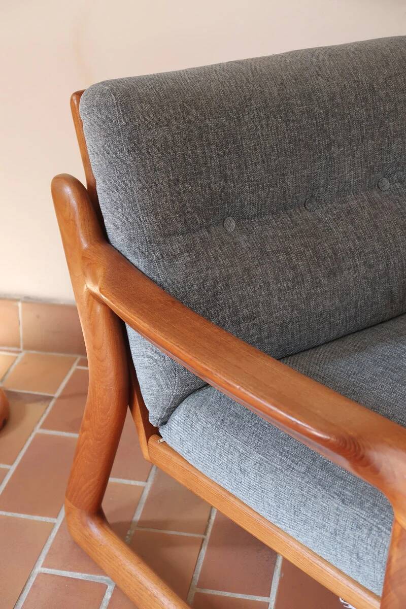 Scandinavian armchair in teak Komfor, blue-grey fabric, 1960s, sled base (2 available)