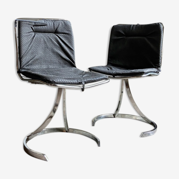 2 chairs in chromed metal and black woven skaï 1970s