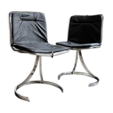 2 chairs in chromed metal and black woven skaï 1970s