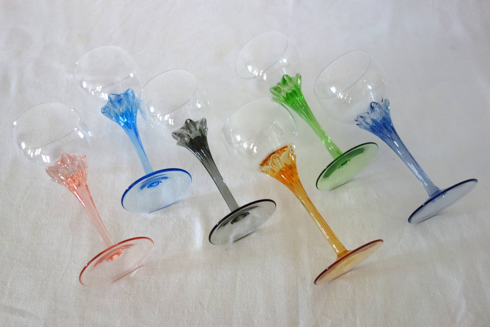 6 colorful vintage crystal wine glasses