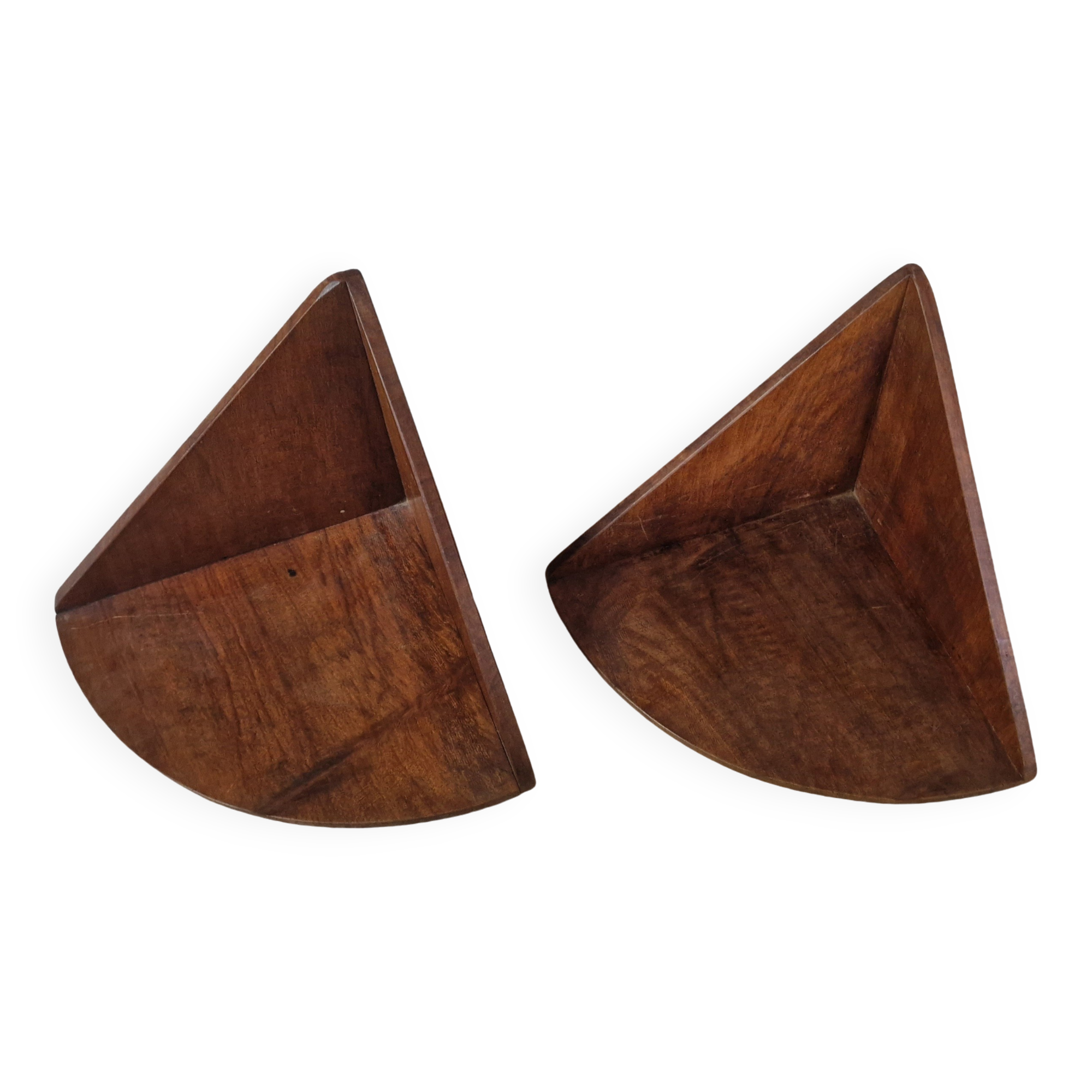 Pair of small wooden corner shelves, circa 1950