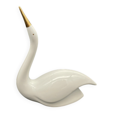 Cygne en porcelaine Hollóháza – Hongrie – Figurine vintage au bec doré