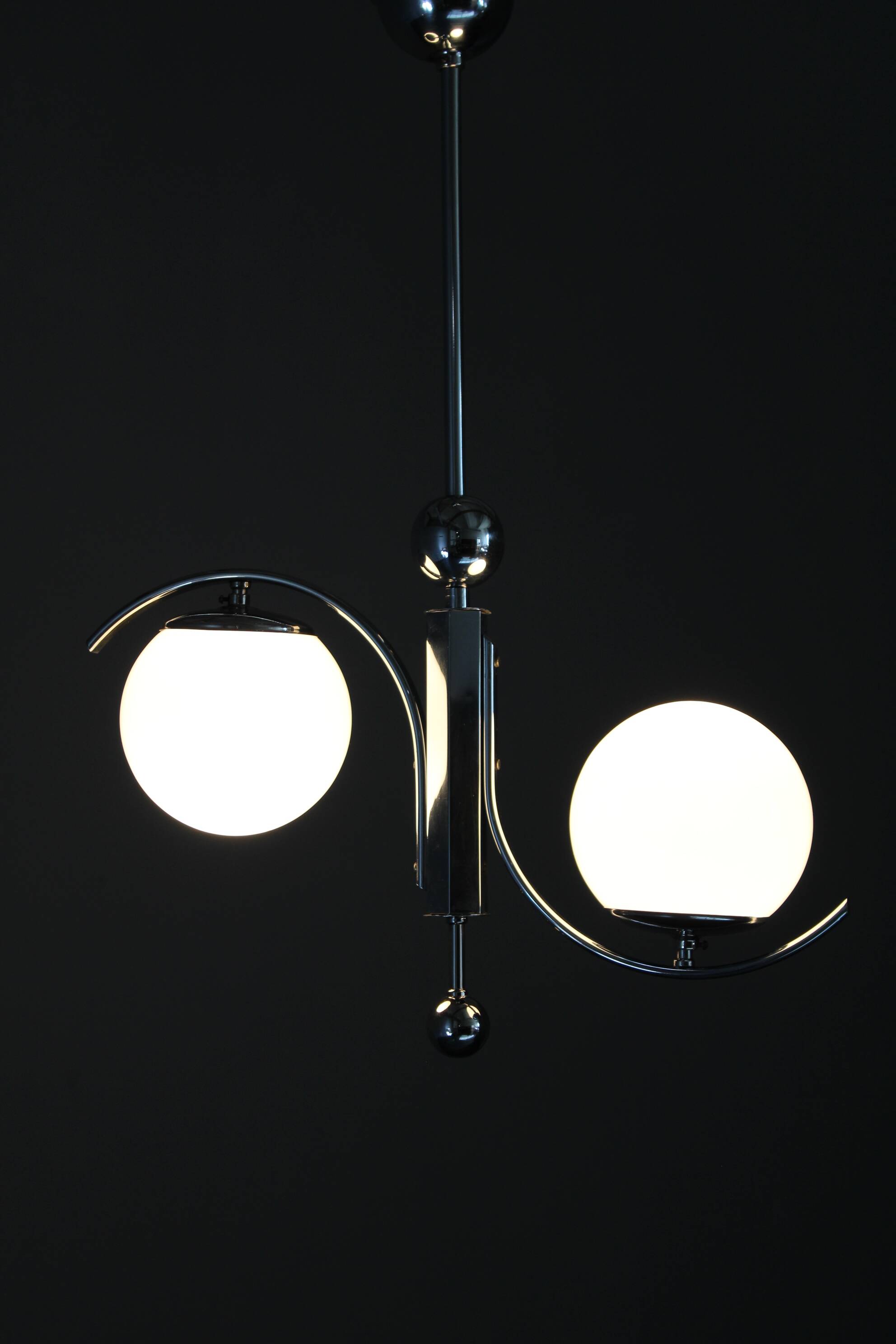 Czechoslovak Art Deco chrome chandelier with opaline glass, 1930s