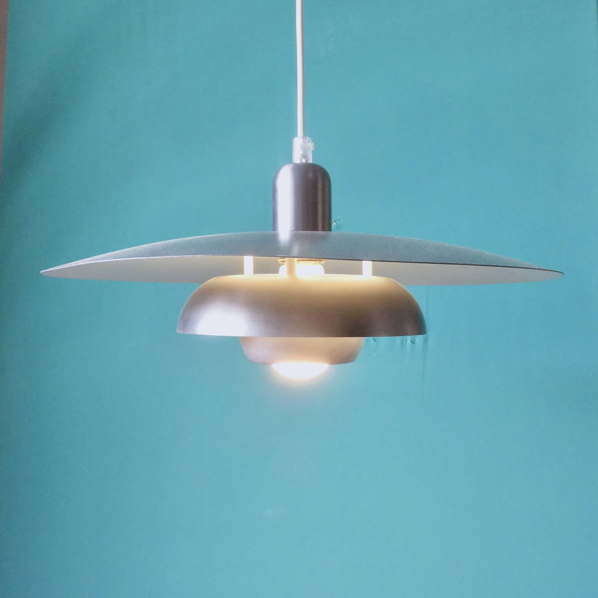 Silver iridescent metal pendant light with a typically Danish design, circa 1975/1980