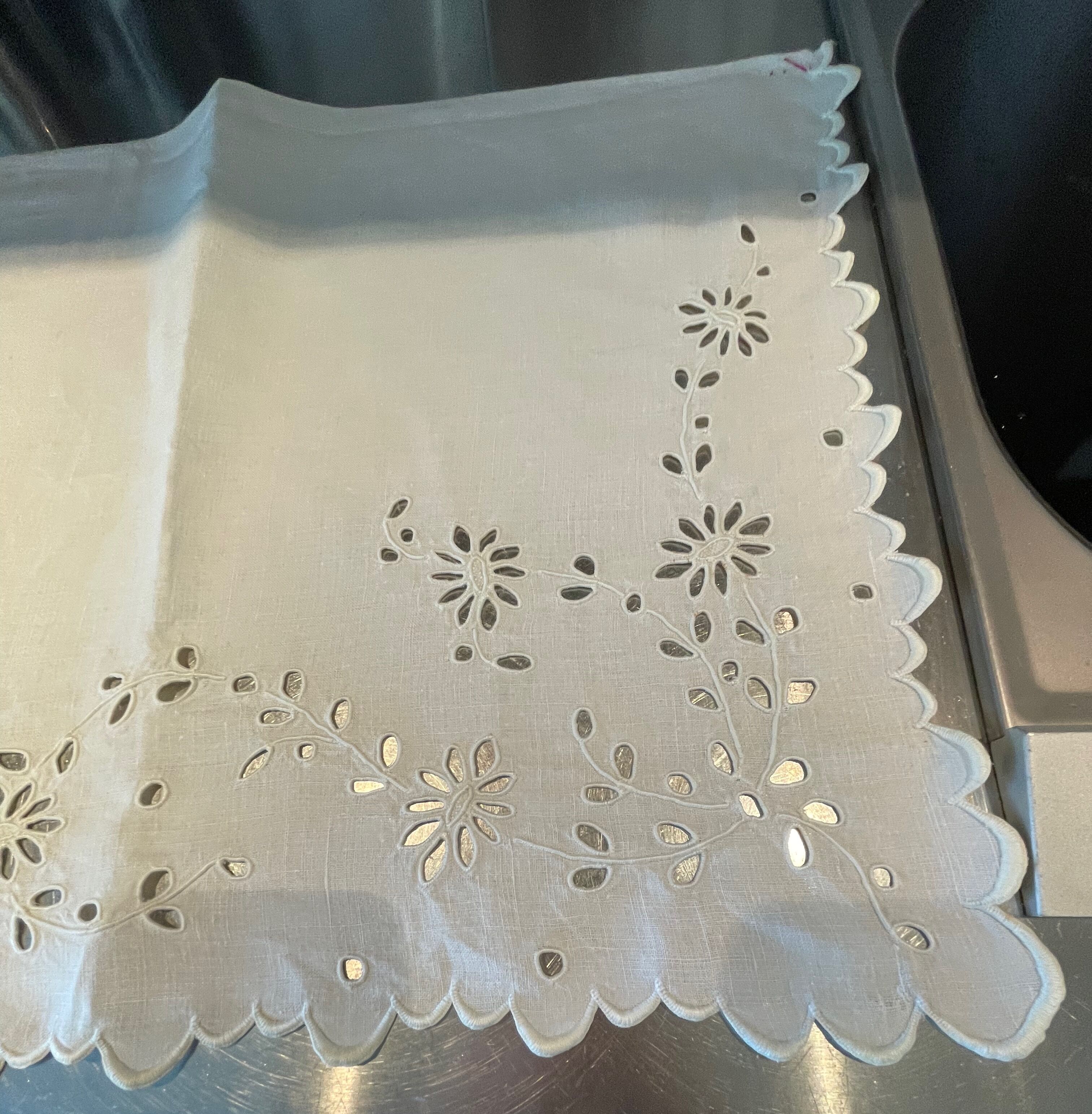 Old linen embroidered Richelieu top chest of drawers fireplace