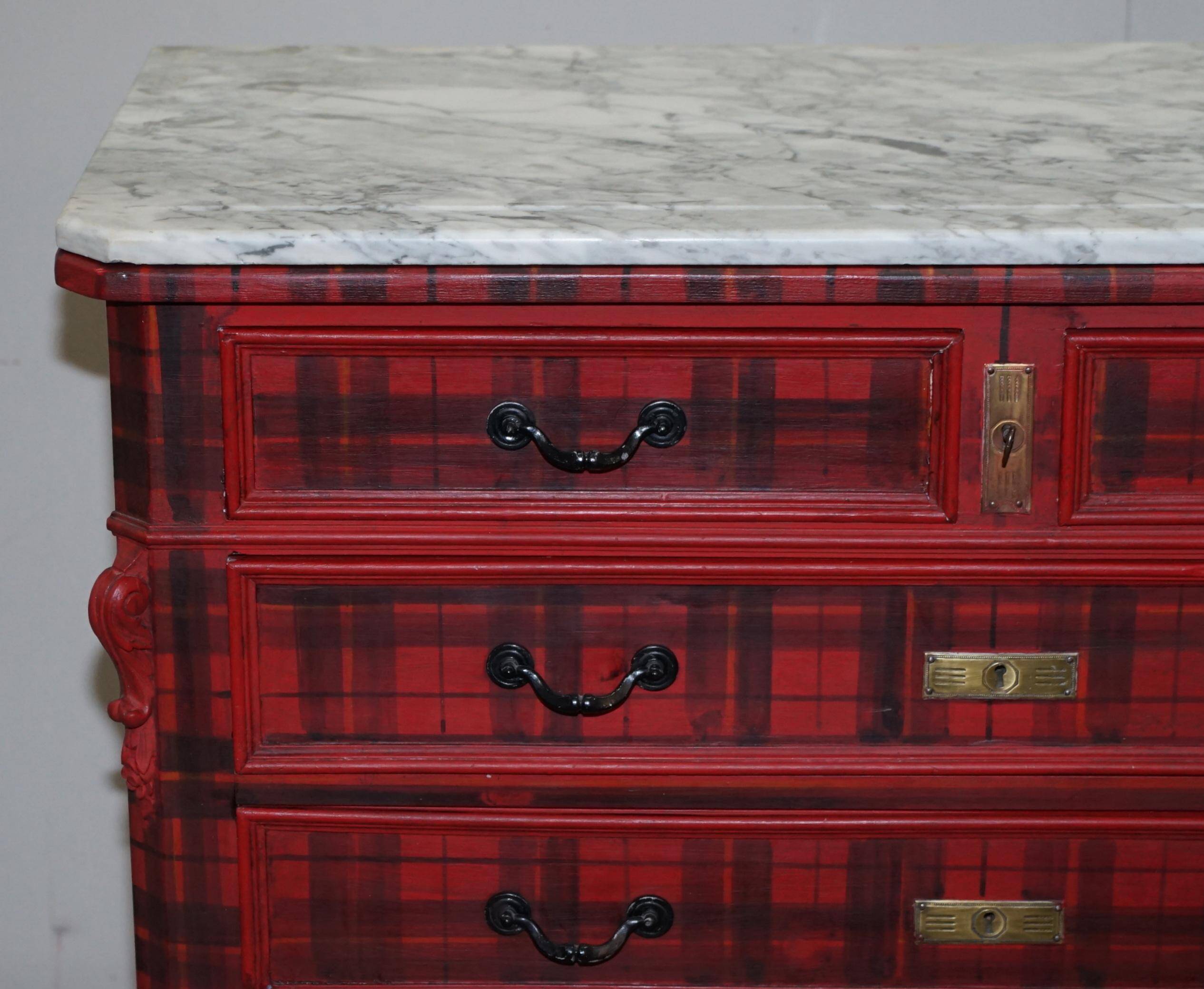 Victorian Commode with Tartan Upholstery and Marble Top