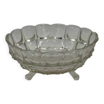 Coupe sur pied vintage en verre pressé, bord festonné taillé diamant