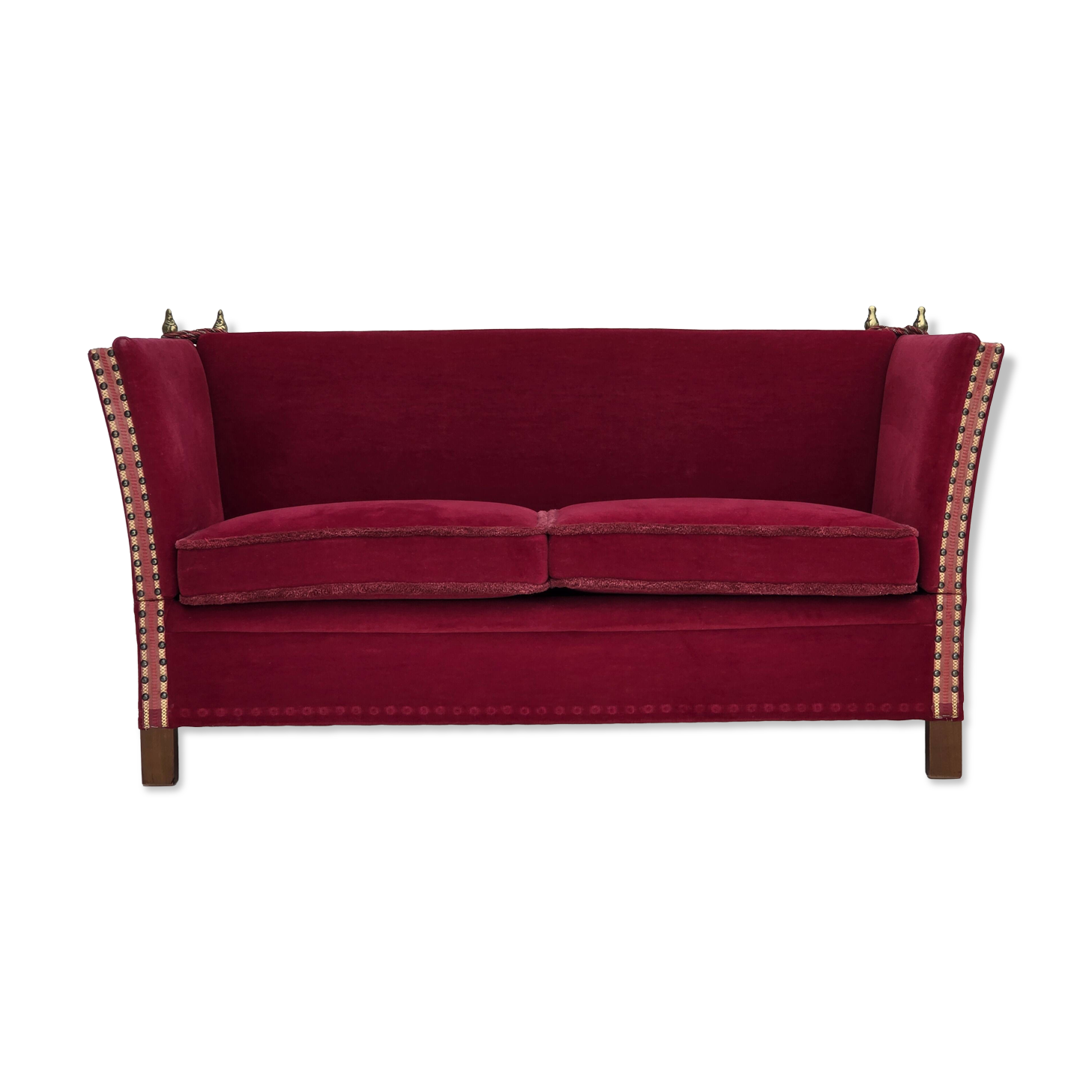 1970s, Danish 2-seater "Spanish" drop arm sofa, red furniture velour.