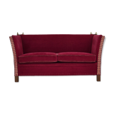 Canapé danois à accoudoirs rabattables « espagnol » des années 1970, en velours d'ameublement rouge.