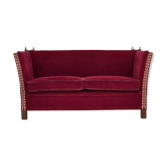 1970s, Danish 2-seater "Spanish" drop arm sofa, red furniture velour.