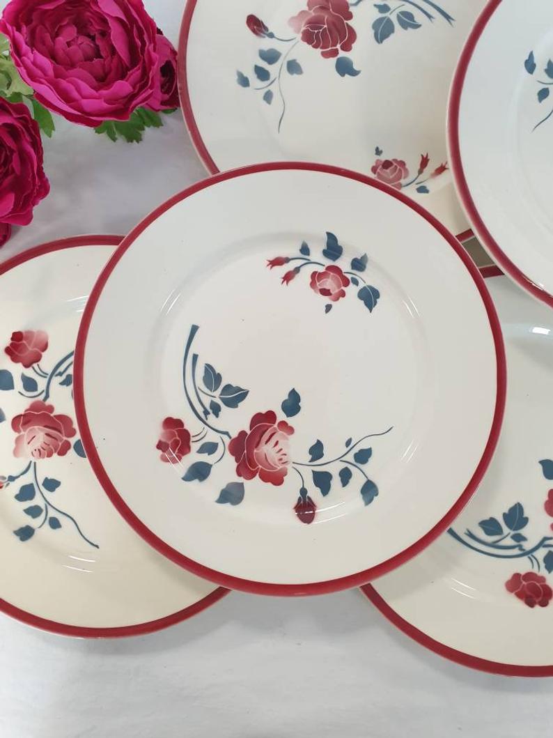 6 assiettes plates anciennes modèle "Rosador" de la manufacture française de Badonviller