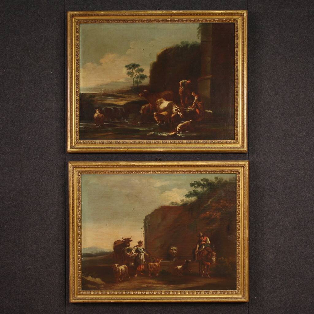 17th century bucolic landscape painting with figures, pastoral scene