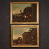 17th century bucolic landscape painting with figures, pastoral scene