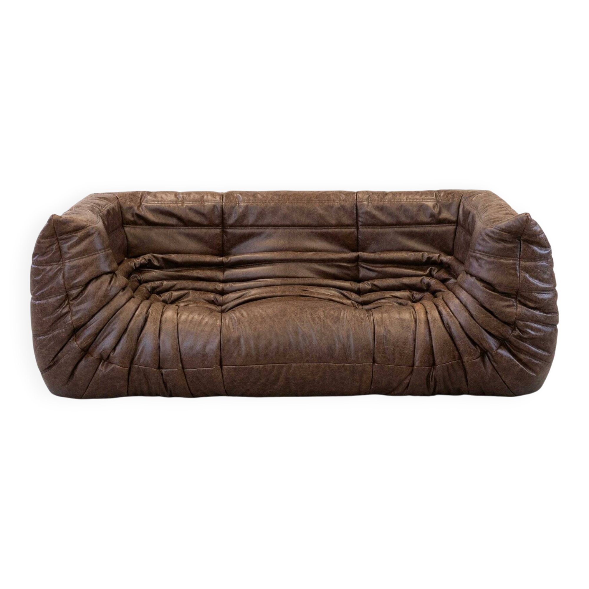 Vintage two-seater Togo sofa with arms in brown leather by Michel Ducaroy for Ligne Roset, 1970s