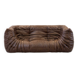 Vintage two-seater Togo sofa with arms in brown leather by Michel Ducaroy for Ligne Roset, 1970s