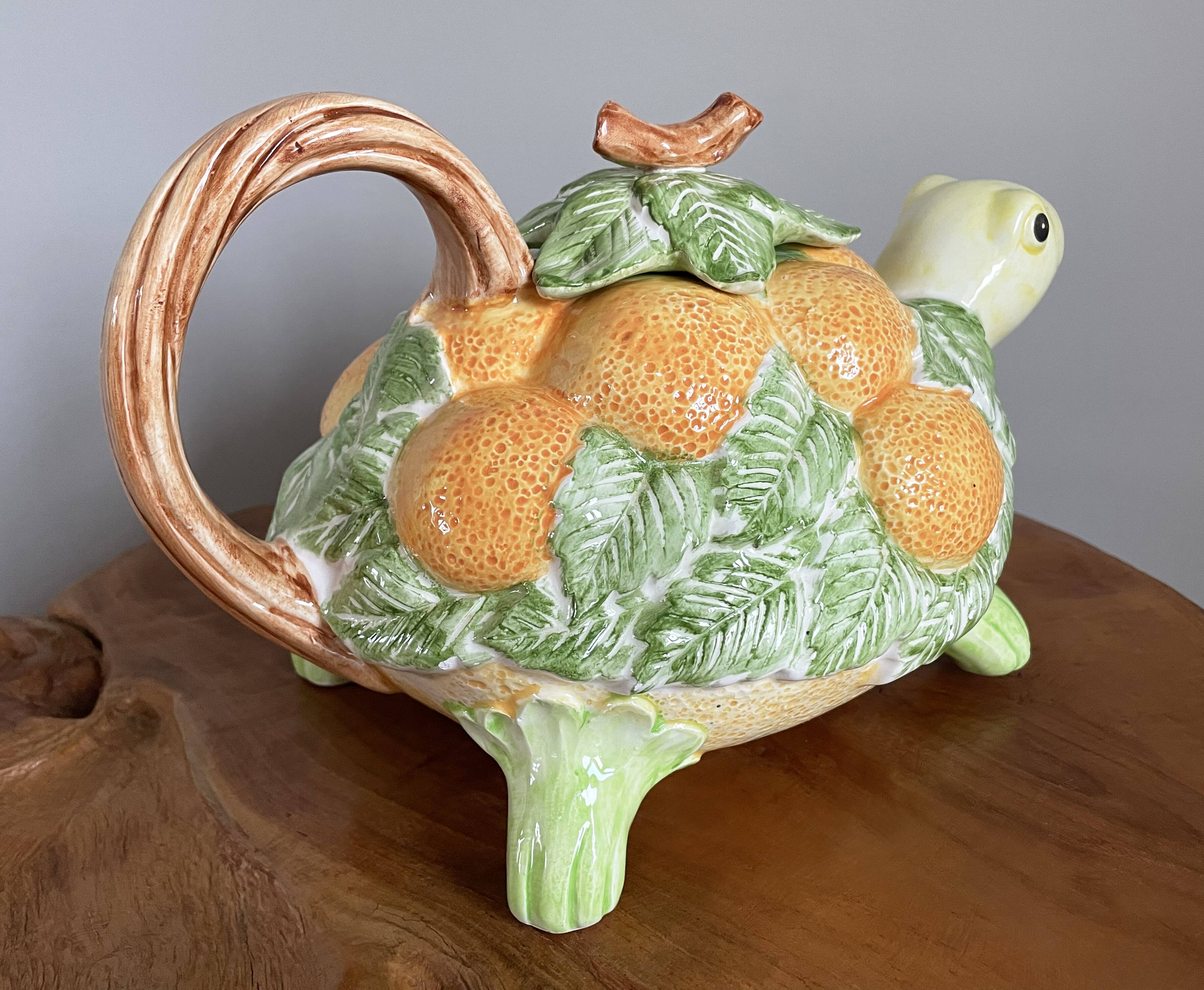 Fitz & Floyd ff1986 turtle jug or teapot with oranges and leaves, american majolica tableware