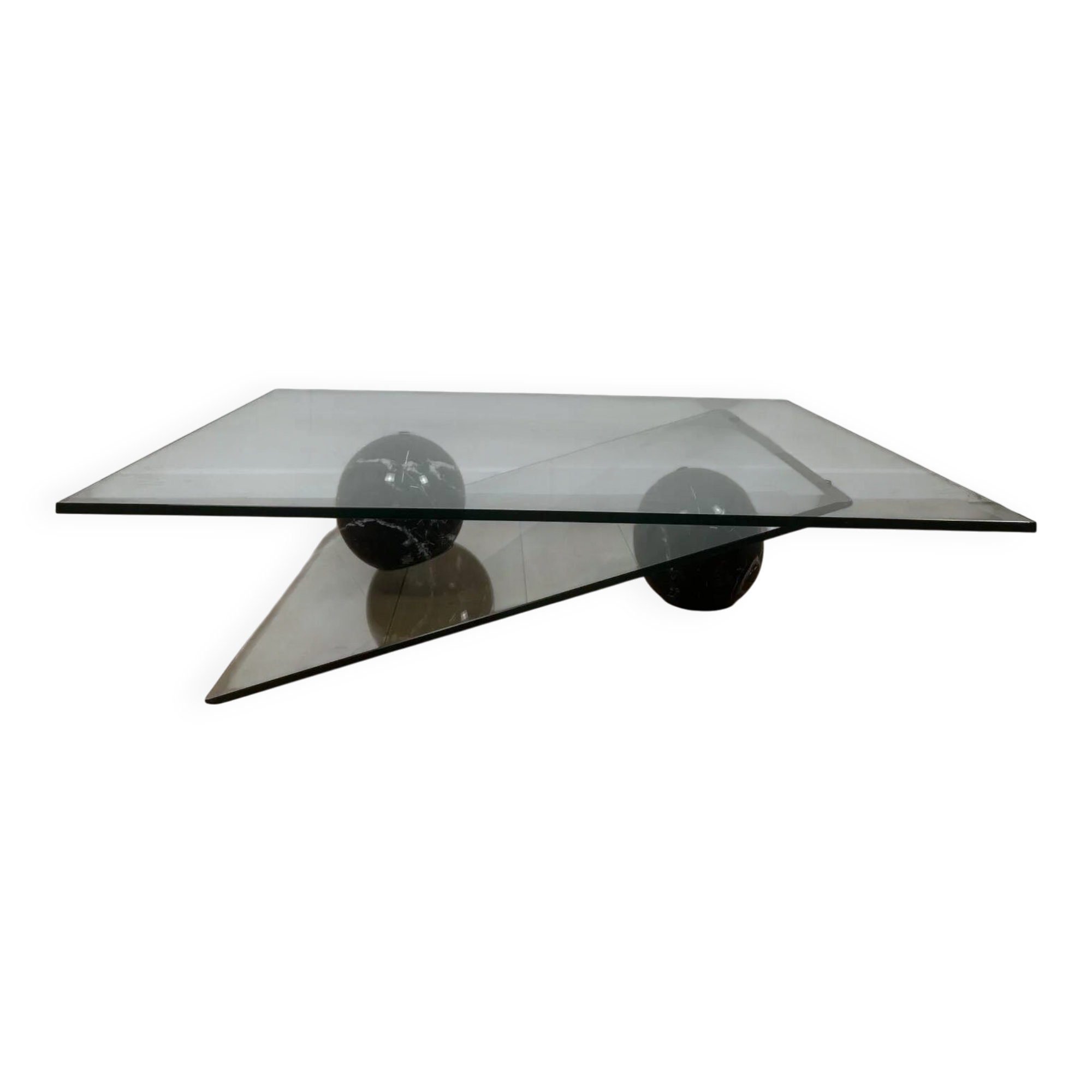 Table basse asymétrique roche bobois en verre et marbre, 1980/90
