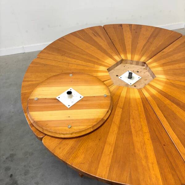 Unique round solid pine dining table, 1970s