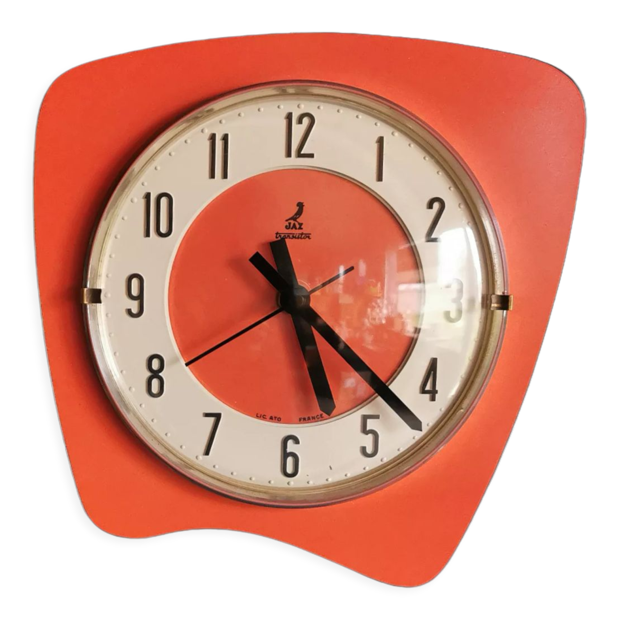Vintage formica clock asymmetrical silent wall clock "Jaz orange"