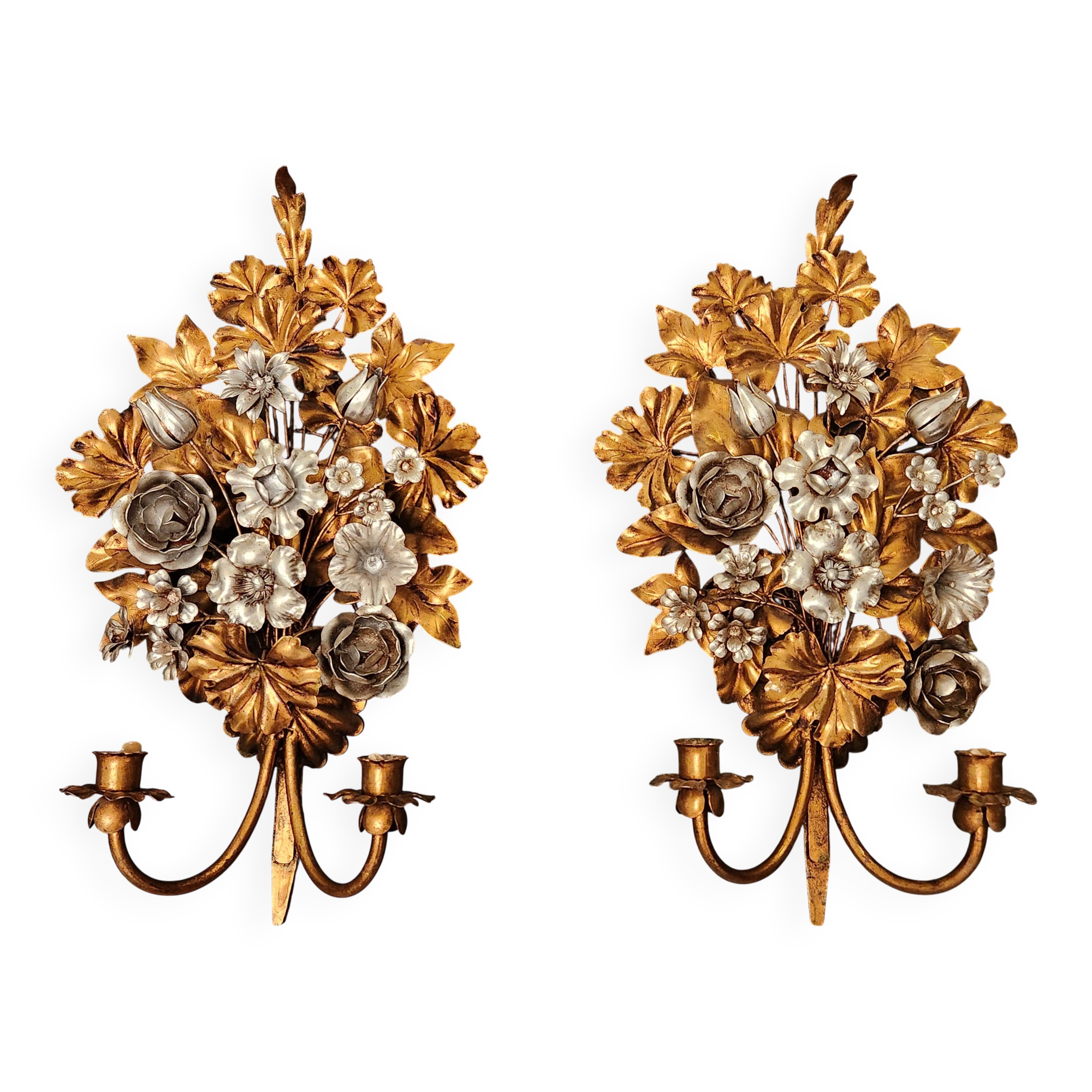 Hand-forged gilded silver-plated candle wall lamps by S. Salvadori