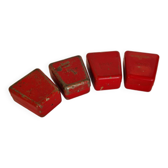 Set of four red painted metal railway boxes with SNCF logo