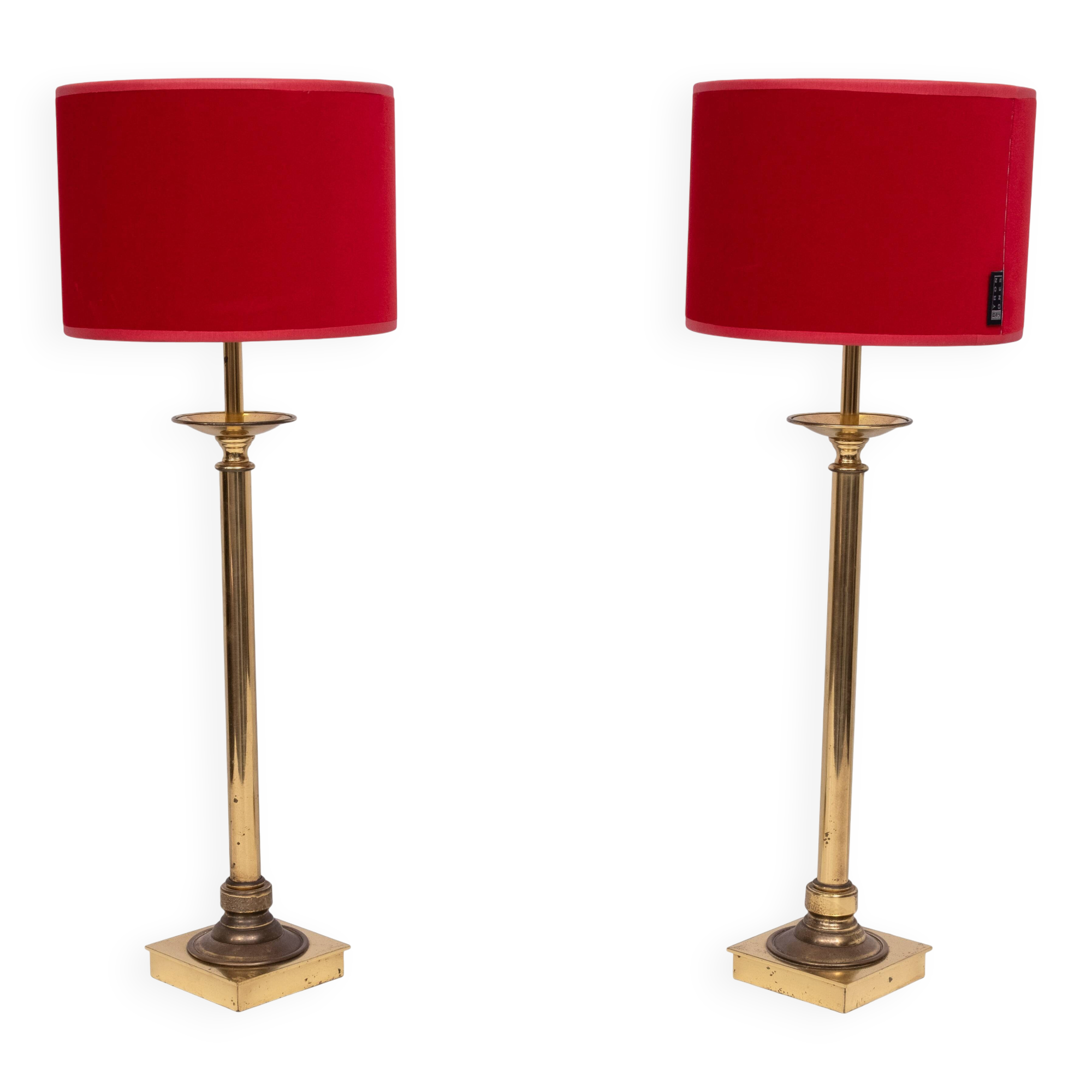 set solid Brass Table lamps Red Velvet shades 1960s France