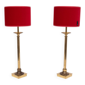 set solid Brass Table lamps Red Velvet shades 1960s France